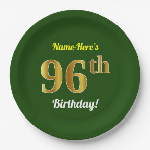 Green, Faux Gold 96th Birthday + Custom Name Paper Plate