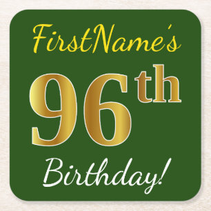 Green, Faux Gold 96th Birthday + Custom Name Square Paper Coaster
