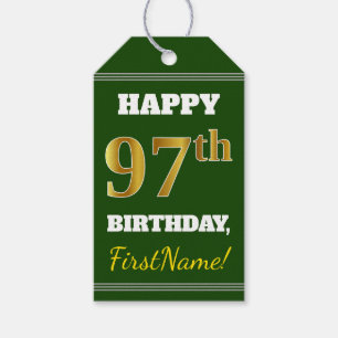 Green, Faux Gold 97th Birthday + Custom Name Gift Tags