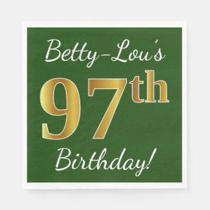 Green, Faux Gold 97th Birthday + Custom Name Napkin