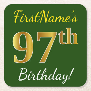 Green, Faux Gold 97th Birthday + Custom Name Square Paper Coaster