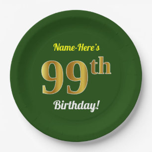 Green, Faux Gold 99th Birthday + Custom Name Paper Plate