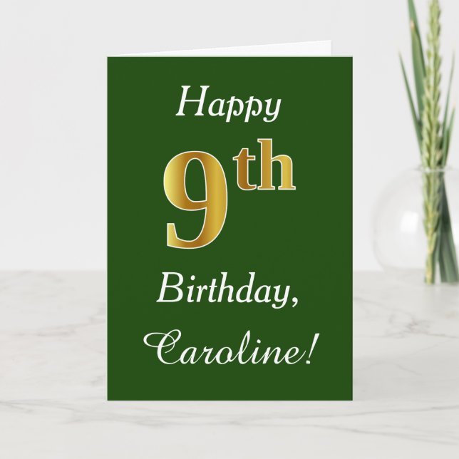 Green, Faux Gold 9th Birthday + Custom Name Card (Front)