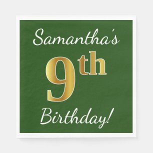 Green, Faux Gold 9th Birthday + Custom Name Napkin