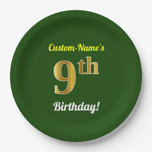 Green, Faux Gold 9th Birthday + Custom Name Paper Plate (Front)