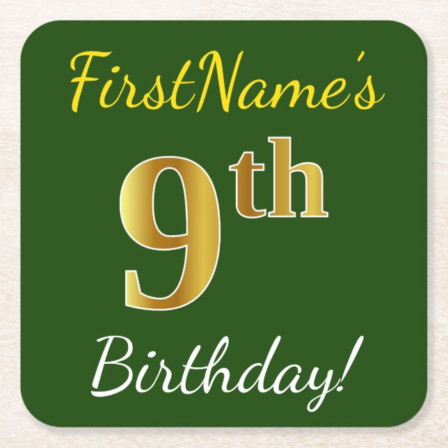 Green, Faux Gold 9th Birthday + Custom Name Square Paper Coaster (Front)