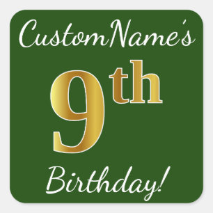 Green, Faux Gold 9th Birthday + Custom Name Square Sticker