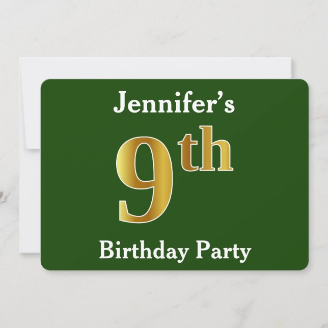 Green, Faux Gold 9th Birthday Party + Custom Name Invitation (Front)