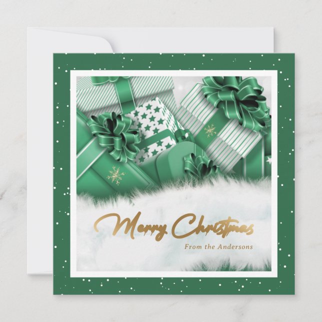 Green Faux Gold Foil Snow Gifts Christmas Cards (Front)