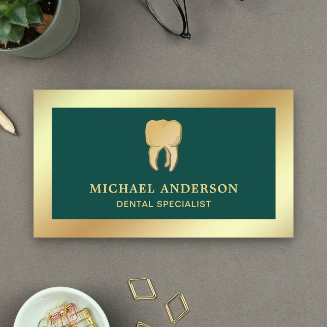 Green Faux Gold Foil Tooth Dental Clinic Dentist Business Card (Creator Uploaded)
