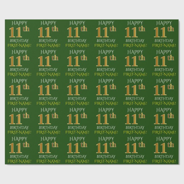 Green, Faux Gold "HAPPY 11th BIRTHDAY" Wrapping Paper (Flat)
