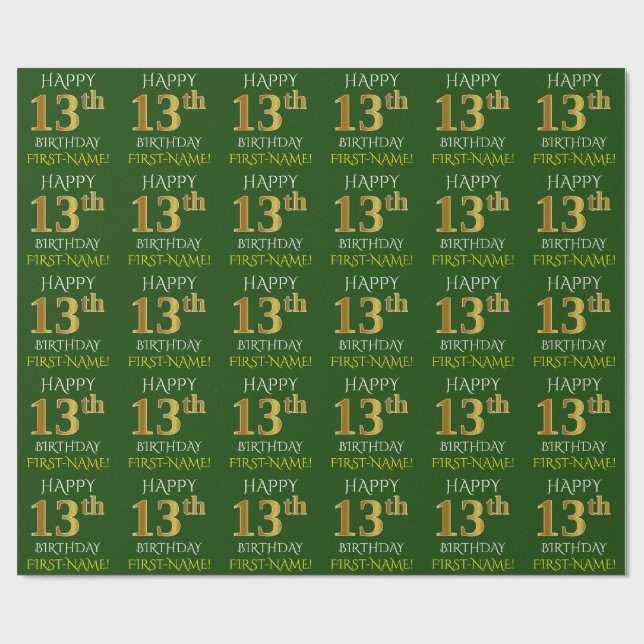 Green, Faux Gold "HAPPY 13th BIRTHDAY" Wrapping Paper (Flat)