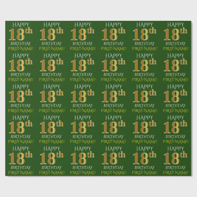Green, Faux Gold "HAPPY 18th BIRTHDAY" Wrapping Paper (Flat)
