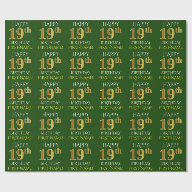 Green, Faux Gold "HAPPY 19th BIRTHDAY" Wrapping Paper (Flat)