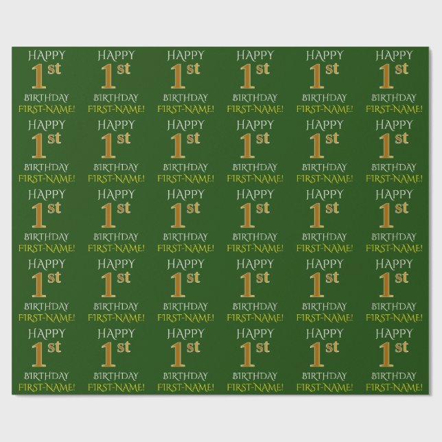 Green, Faux Gold "HAPPY 1st BIRTHDAY" Wrapping Paper (Flat)