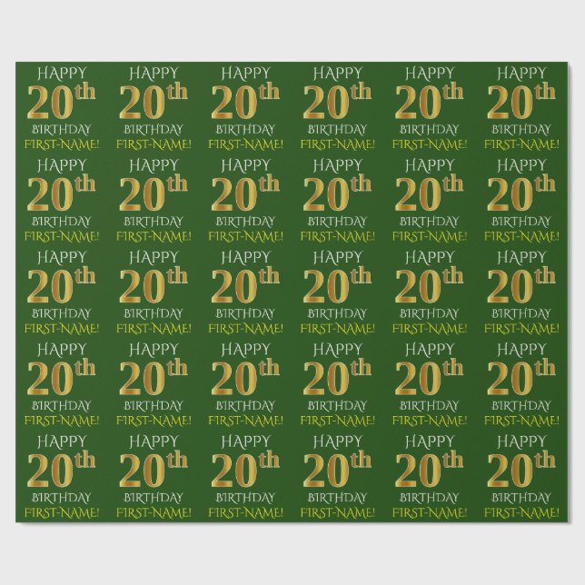 Green, Faux Gold "HAPPY 20th BIRTHDAY" Wrapping Paper (Flat)