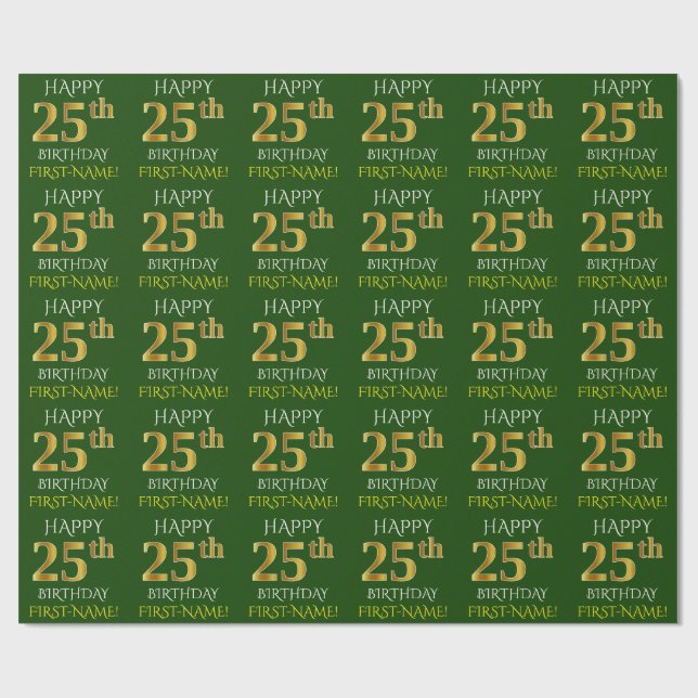 Green, Faux Gold "HAPPY 25th BIRTHDAY" Wrapping Paper (Flat)