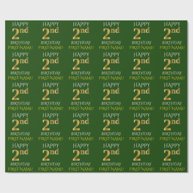 Green, Faux Gold "HAPPY 2nd BIRTHDAY" Wrapping Paper (Flat)