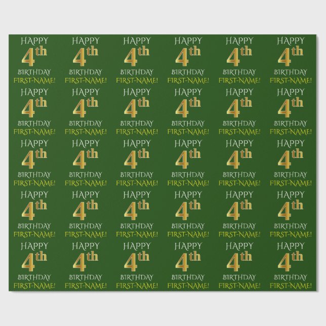 Green, Faux Gold "HAPPY 4th BIRTHDAY" Wrapping Paper (Flat)