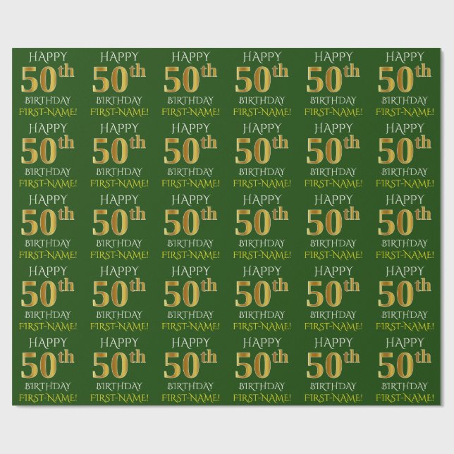 Green, Faux Gold "HAPPY 50th BIRTHDAY" Wrapping Paper (Flat)