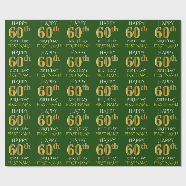 Green, Faux Gold "HAPPY 60th BIRTHDAY" Wrapping Paper (Flat)
