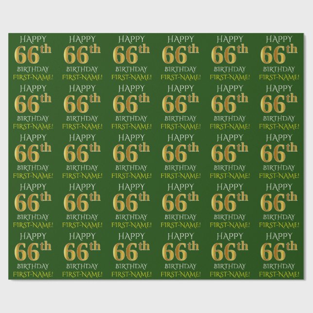 Green, Faux Gold "HAPPY 66th BIRTHDAY" Wrapping Paper (Flat)