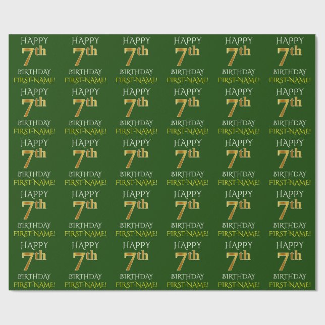 Green, Faux Gold "HAPPY 7th BIRTHDAY" Wrapping Paper (Flat)