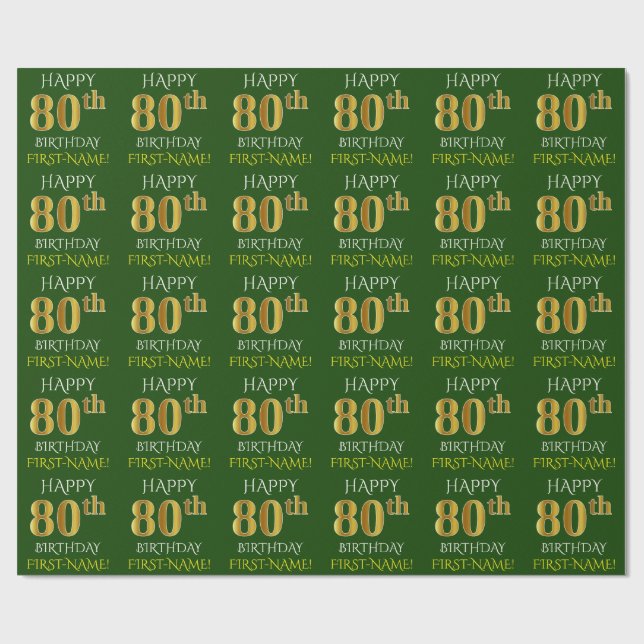 Green, Faux Gold "HAPPY 80th BIRTHDAY" Wrapping Paper (Flat)