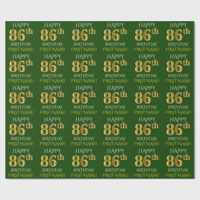 Green, Faux Gold "HAPPY 86th BIRTHDAY" Wrapping Paper (Flat)