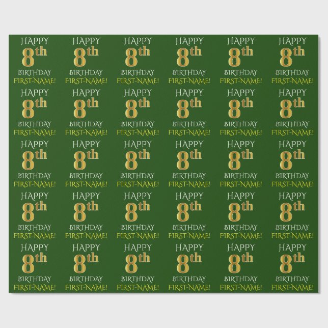 Green, Faux Gold "HAPPY 8th BIRTHDAY" Wrapping Paper (Flat)