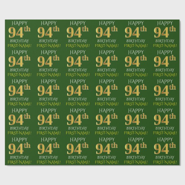 Green, Faux Gold "HAPPY 94th BIRTHDAY" Wrapping Paper (Flat)