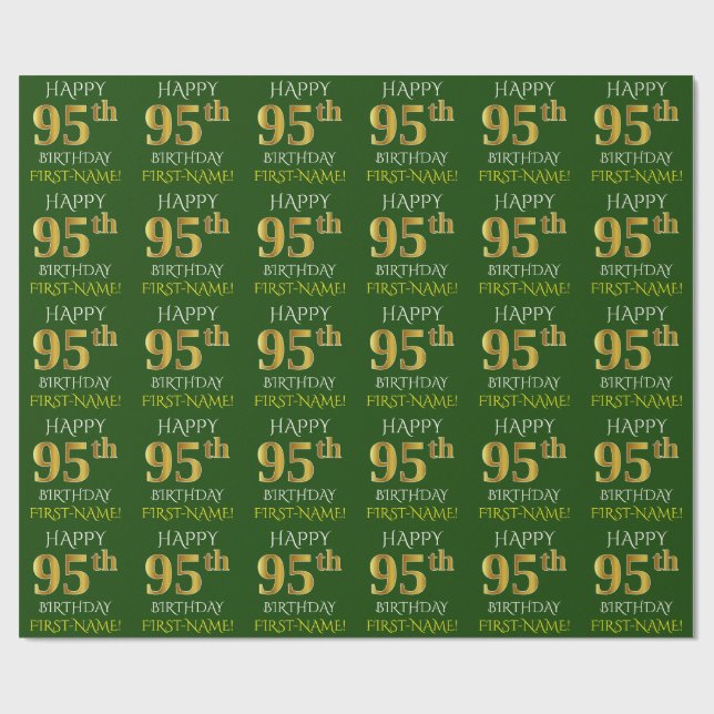 Green, Faux Gold "HAPPY 95th BIRTHDAY" Wrapping Paper (Flat)
