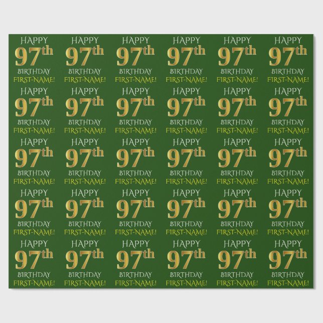 Green, Faux Gold "HAPPY 97th BIRTHDAY" Wrapping Paper (Flat)