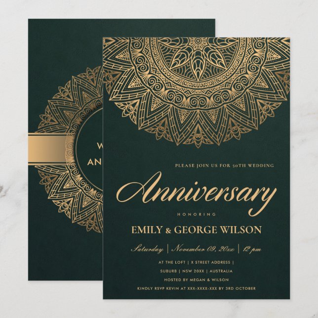 GREEN FAUX GOLD MANDALA ANY YEAR 50TH ANNIVERSARY INVITATION (Front/Back)