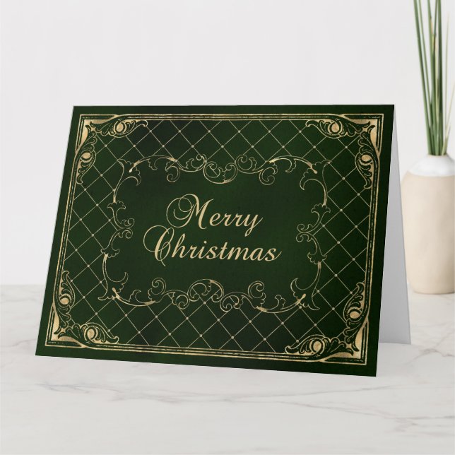 Green Faux Gold Ornate Border Merry Christmas Card (Front)