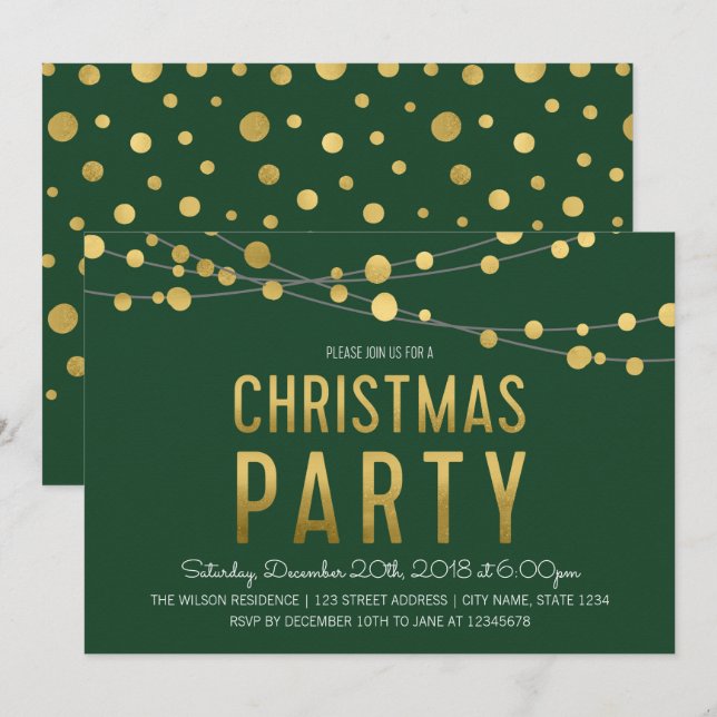Green Faux Gold Strings of Lights Christmas Party Invitation (Front/Back)