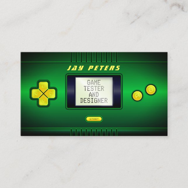 Green faux handheld portable console business card (Front)