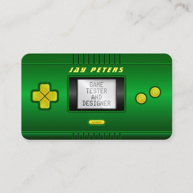 Green faux handheld portable console business card (Front)