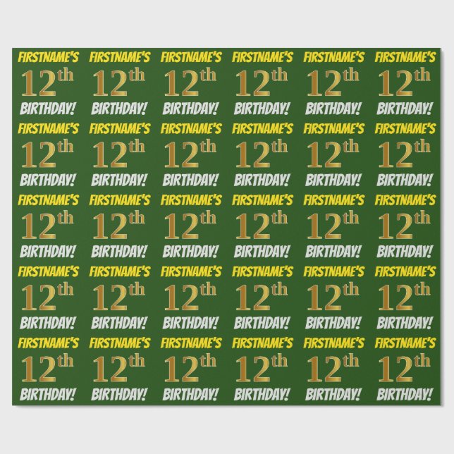 Green, Faux/Imitation Gold, "12th BIRTHDAY" Wrapping Paper (Flat)