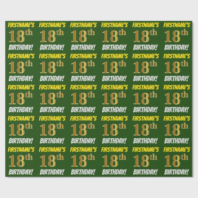 Green, Faux/Imitation Gold, "18th BIRTHDAY" Wrapping Paper (Flat)