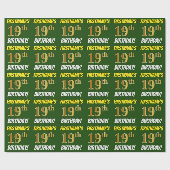 Green, Faux/Imitation Gold, "19th BIRTHDAY" Wrapping Paper (Flat)