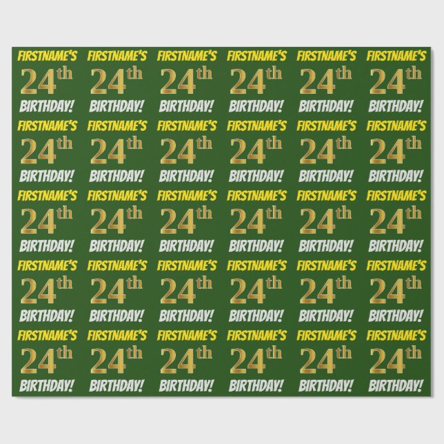 Green, Faux/Imitation Gold, "24th BIRTHDAY" Wrapping Paper (Flat)