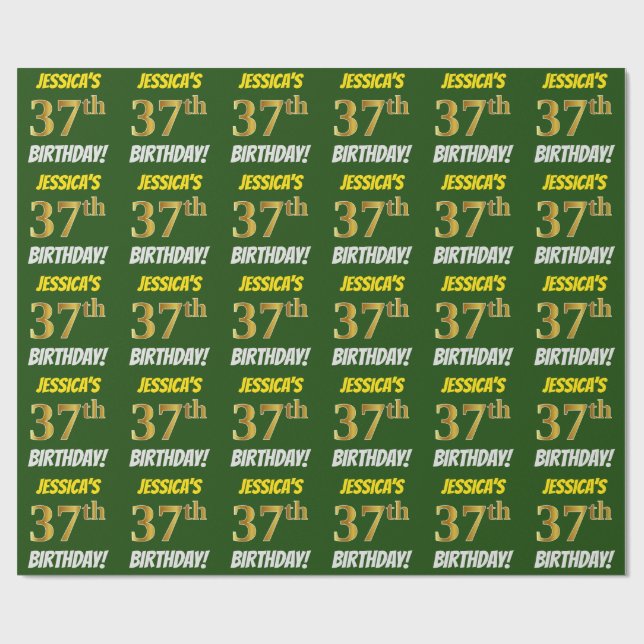 Green, Faux/Imitation Gold, "37th BIRTHDAY" Wrapping Paper (Flat)