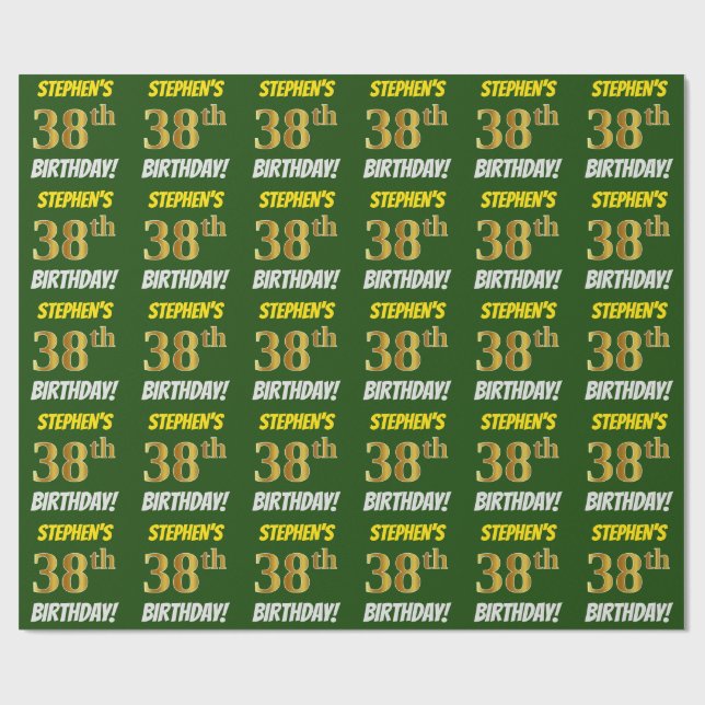 Green, Faux/Imitation Gold, "38th BIRTHDAY" Wrapping Paper (Flat)
