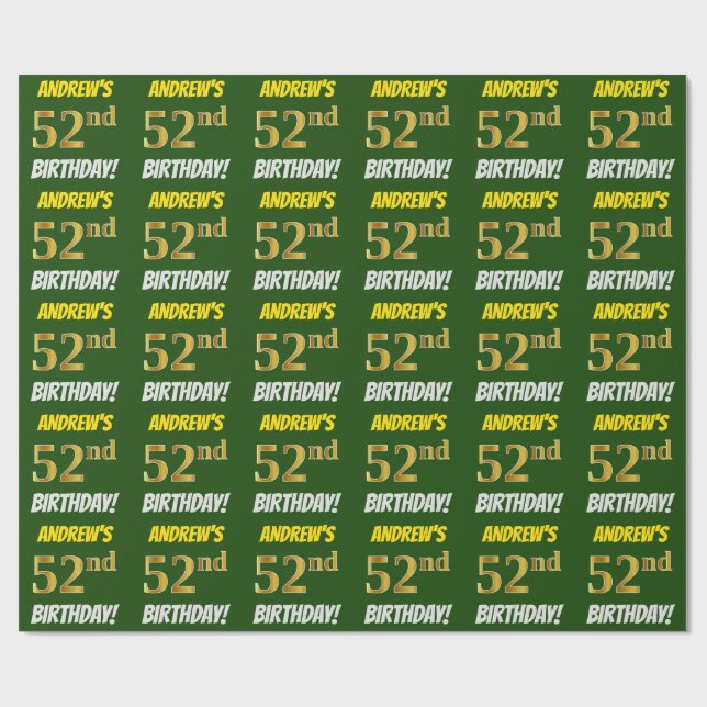 Green, Faux/Imitation Gold, "52nd BIRTHDAY" Wrapping Paper (Flat)