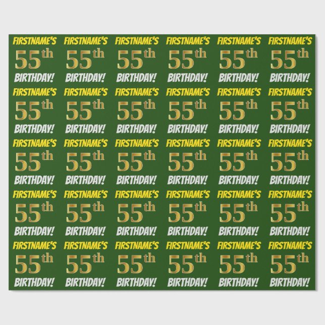 Green, Faux/Imitation Gold, "55th BIRTHDAY" Wrapping Paper (Flat)