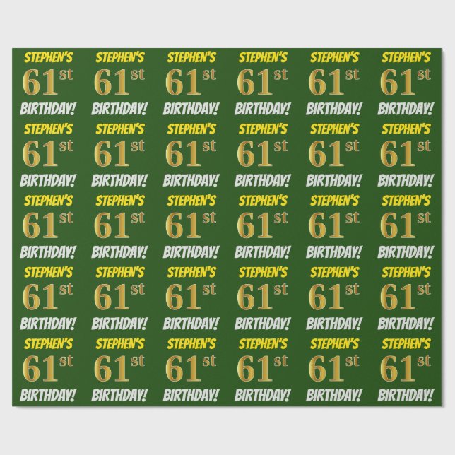 Green, Faux/Imitation Gold, "61st BIRTHDAY" Wrapping Paper (Flat)