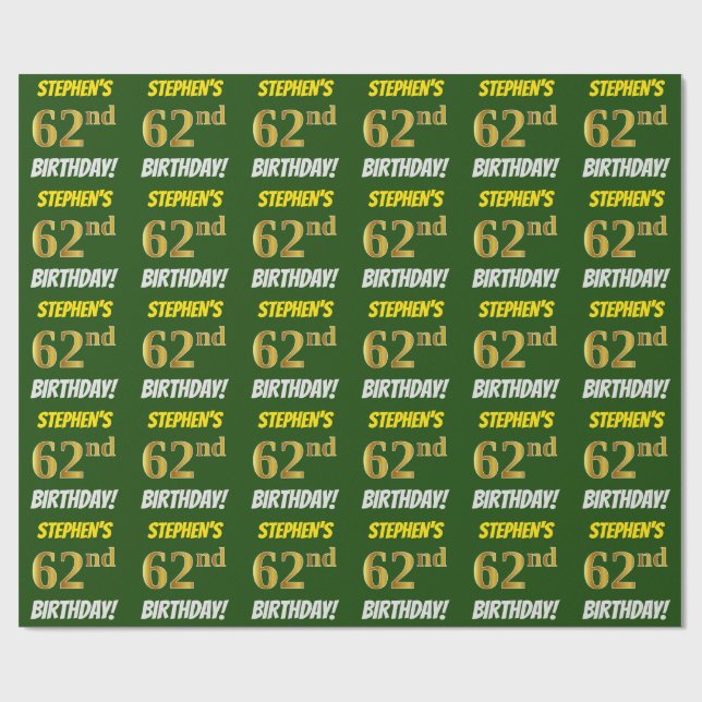 Green, Faux/Imitation Gold, "62nd BIRTHDAY" Wrapping Paper (Flat)