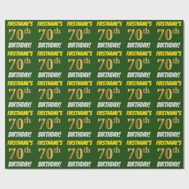 Green, Faux/Imitation Gold, "70th BIRTHDAY" Wrapping Paper (Flat)