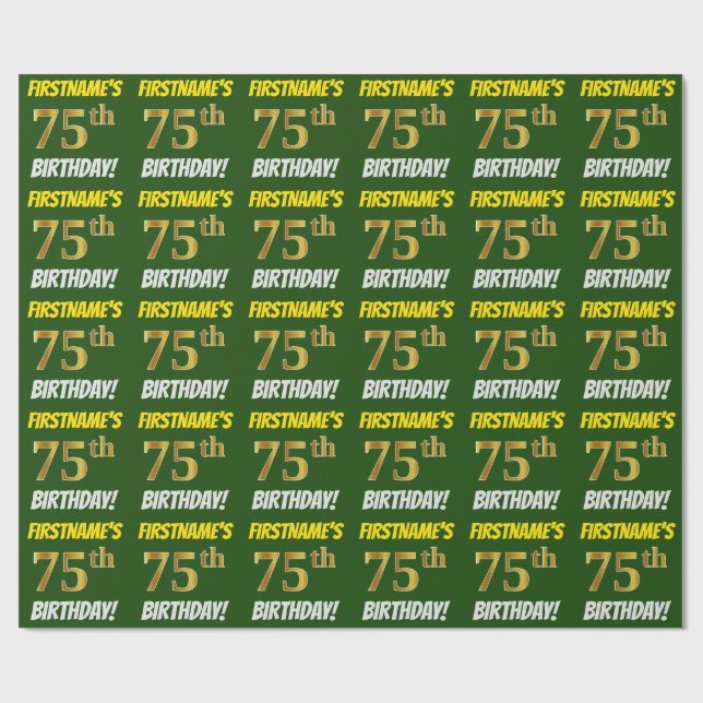 Green, Faux/Imitation Gold, "75th BIRTHDAY" Wrapping Paper (Flat)